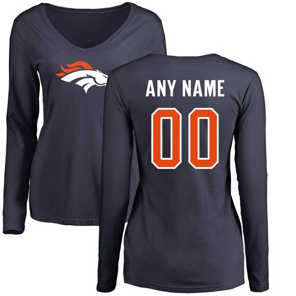 Women Denver Broncos NFL Pro Line Navy Custom Name and Number Logo Slim Fit Long Sleeve T-Shirt->nfl t-shirts->Sports Accessory